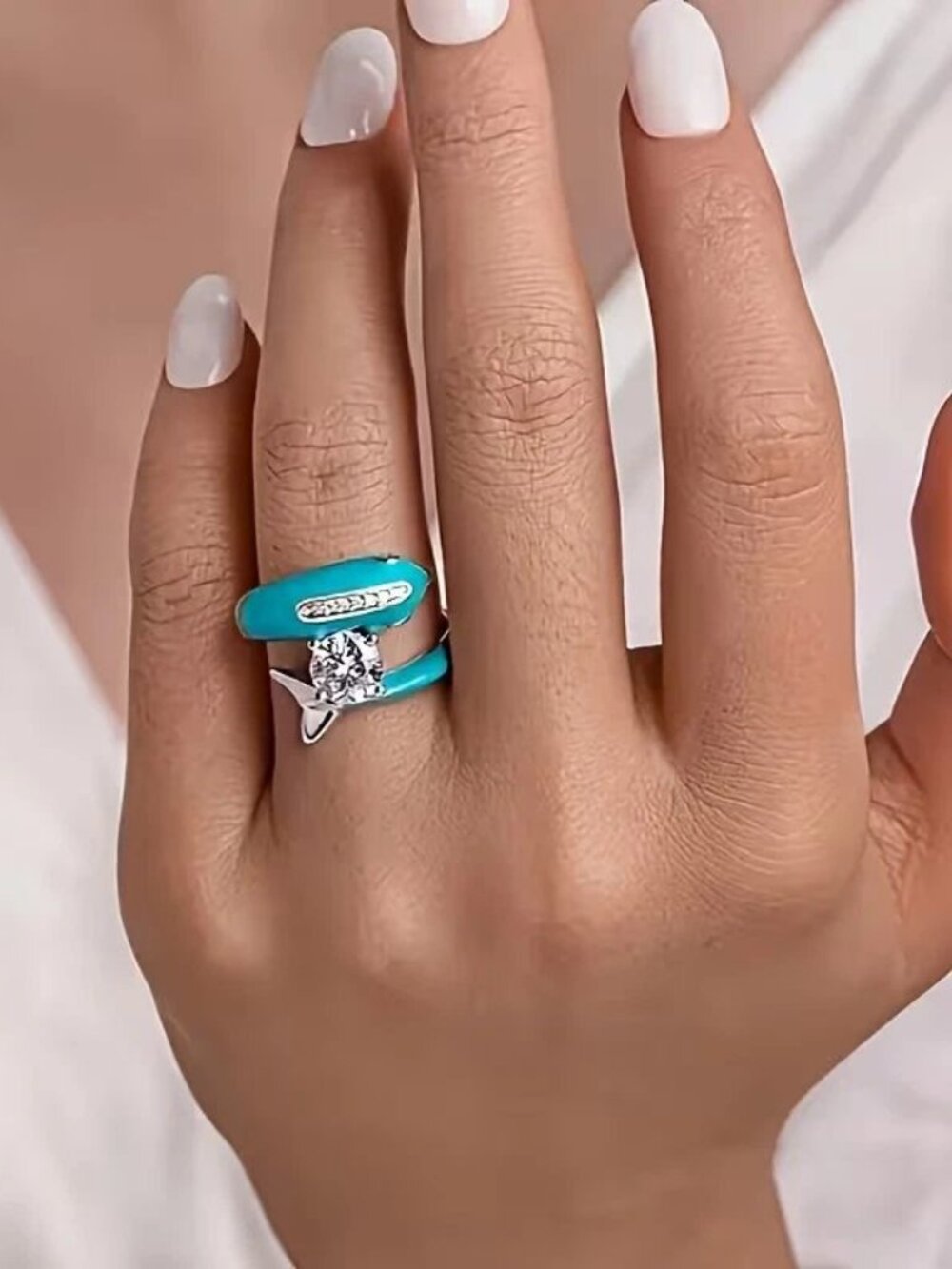 Dolphin Ring Turqouise/Silver Tone Fashion Ring Crystal Accent Ring Size 7 NEW